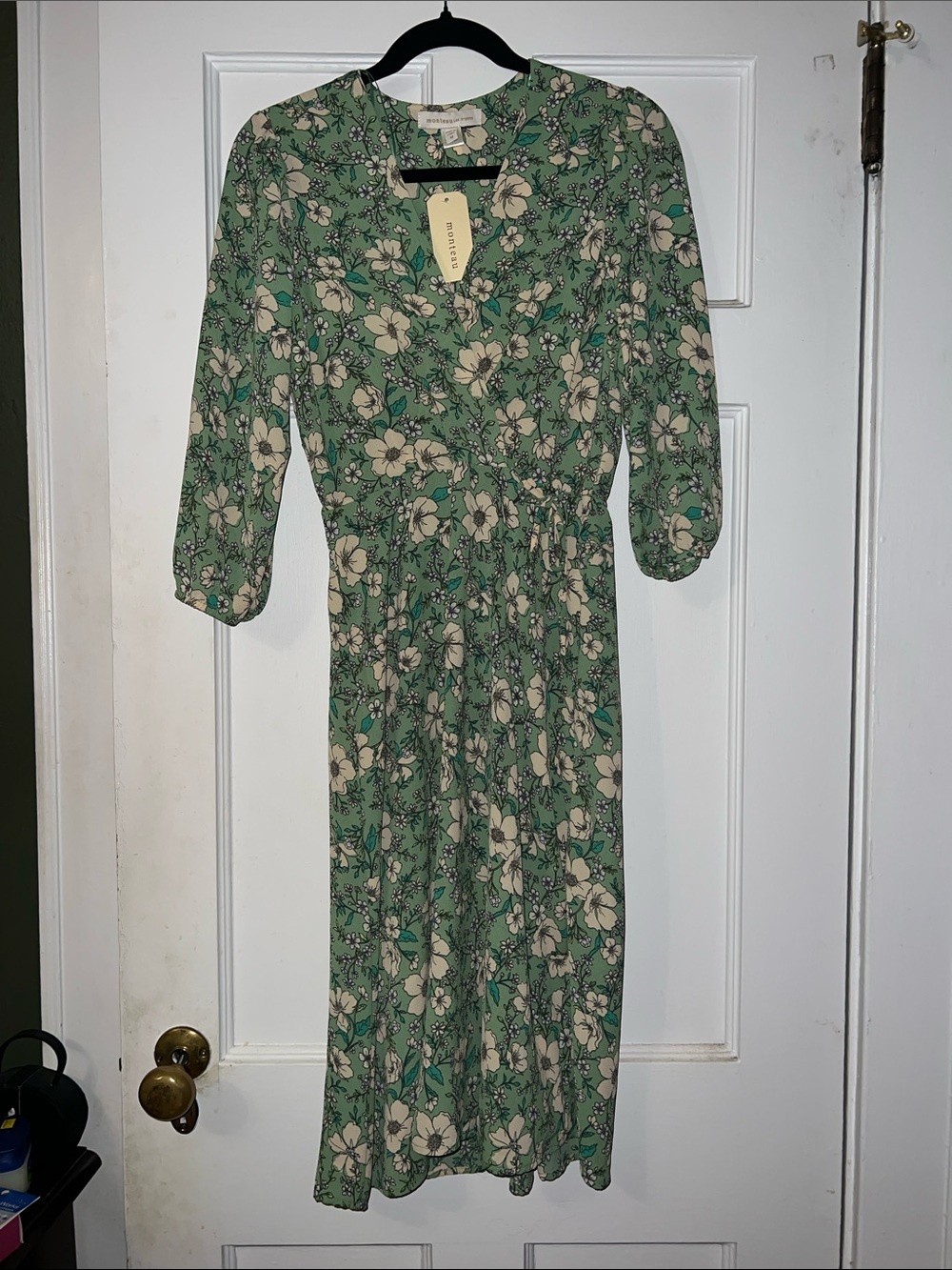 Monteau Floral Green Midi Dress with Puff Sleeves M